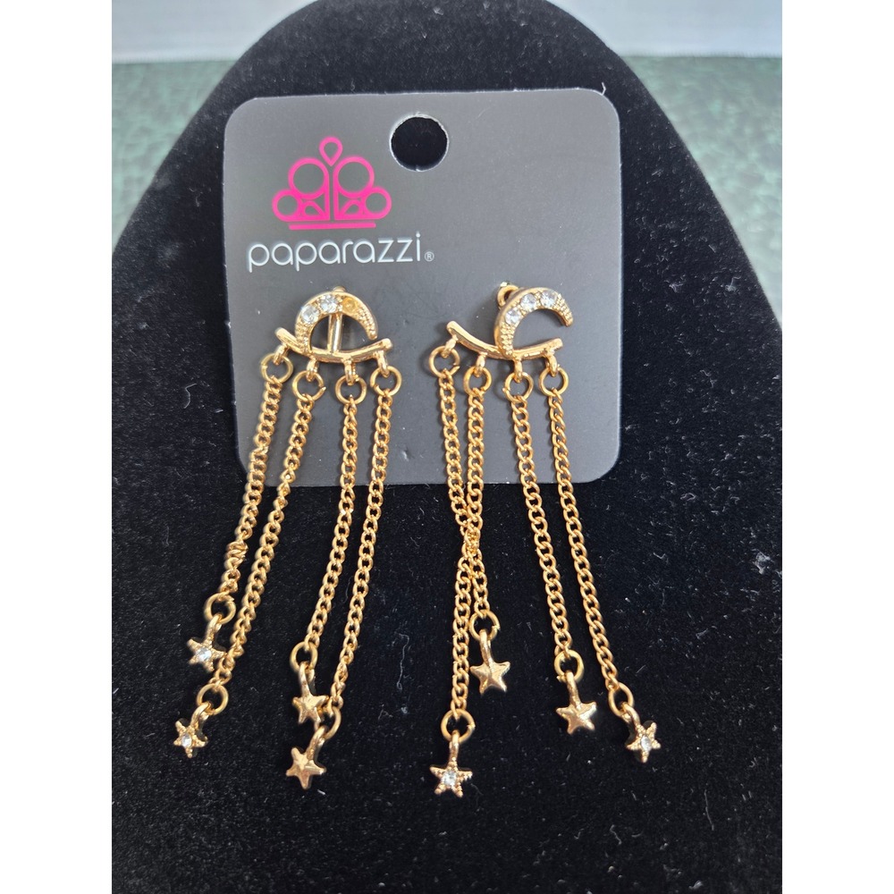Paparazzi Gold Tone Crescent Moon Star Triple Chain Dangle Earrings Rhinestone